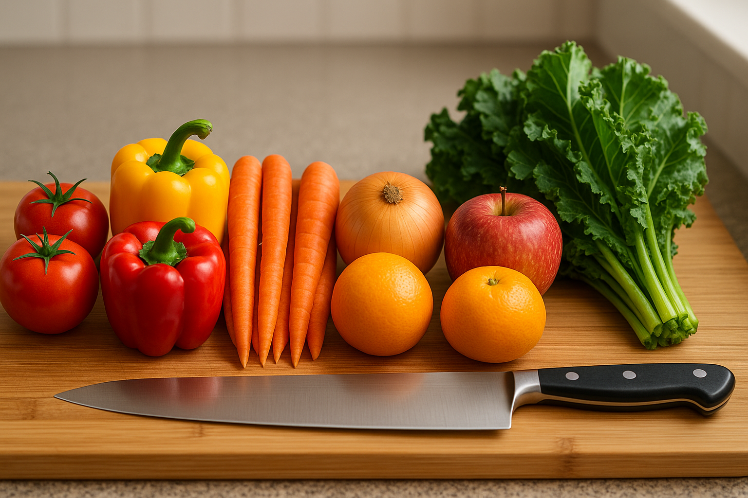 Fruits and vegetables lined up with big knife not chopped